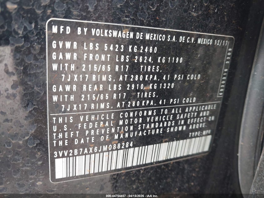 2018 Volkswagen Tiguan 2.0T Se/2.0T Sel VIN: 3VV2B7AX6JM088284 Lot: 44754457