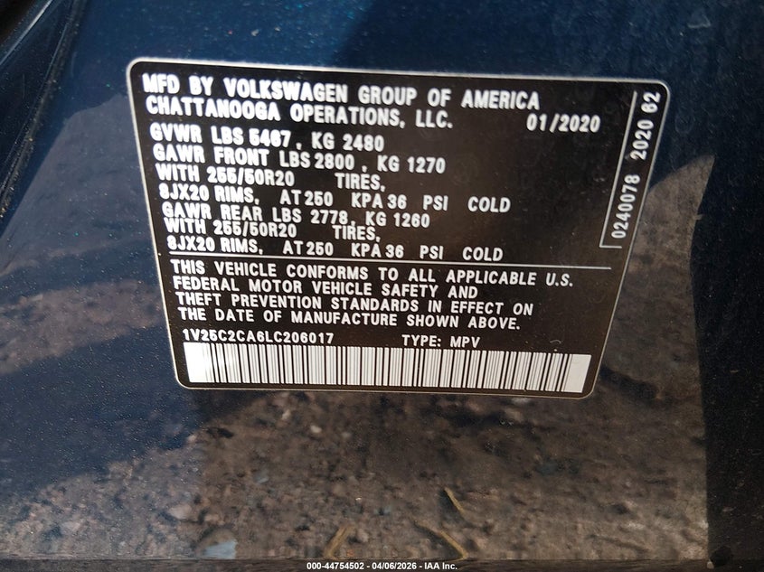 2020 Volkswagen Atlas Cross Sport 2.0T Se W/Technology/2.0T Se W/Technology R-Line VIN: 1V25C2CA6LC206017 Lot: 44754502