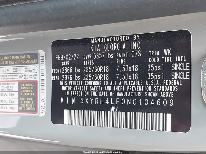VIN 5XYRH4LF0NG104609 2022 KIA SORENTO EX