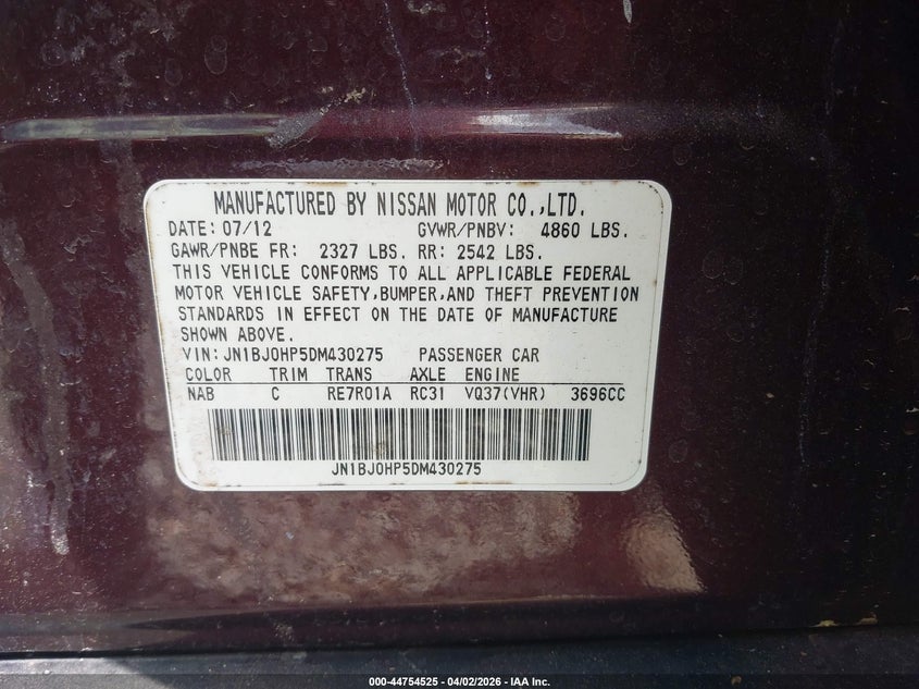 2013 Infiniti Ex37 Journey VIN: JN1BJ0HP5DM430275 Lot: 44754525