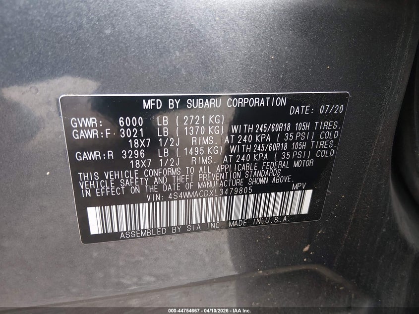 2020 Subaru Ascent Premium VIN: 4S4WMACDXL3479805 Lot: 44754667