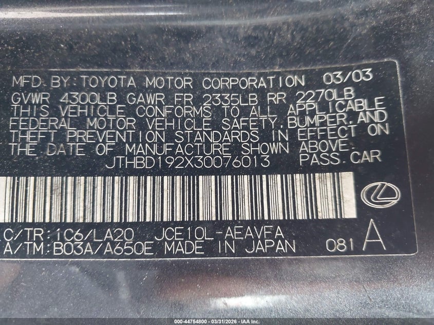 2003 Lexus Is 300 VIN: JTHBD192X30076013 Lot: 44754800