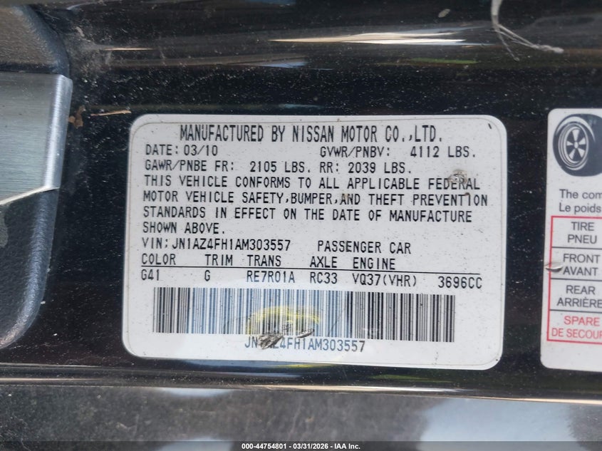 2010 Nissan 370Z Touring VIN: JN1AZ4FH1AM303557 Lot: 44754801