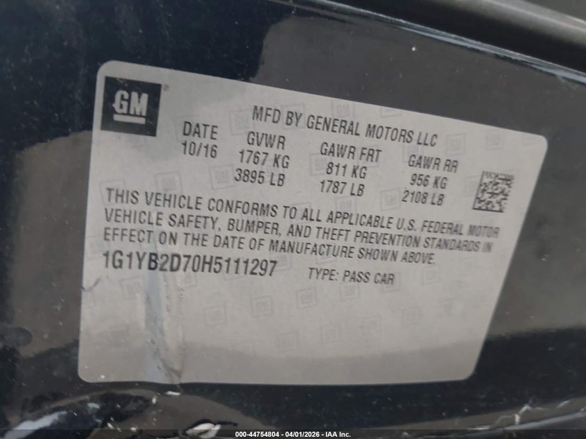 2017 Chevrolet Corvette Stingray VIN: 1G1YB2D70H5111297 Lot: 44754804