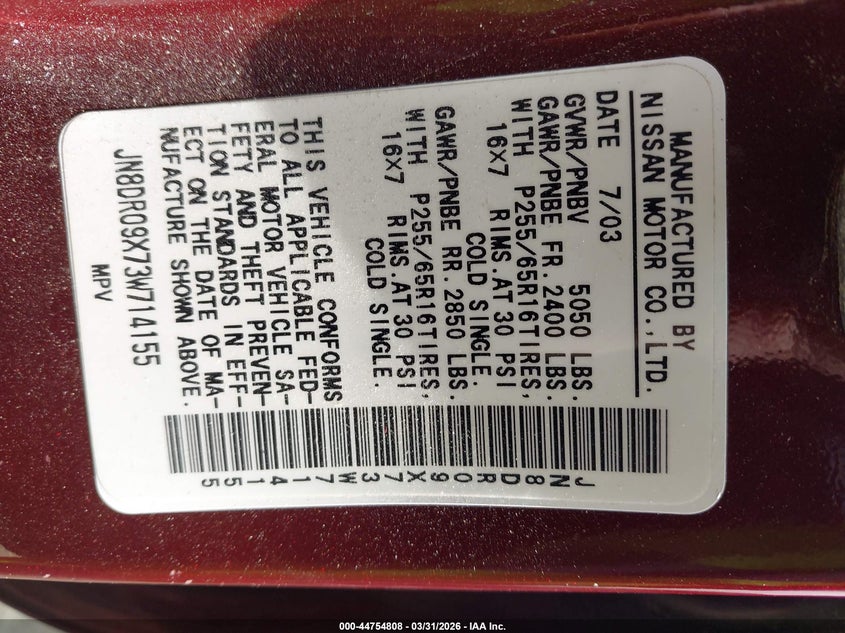 2003 Nissan Pathfinder Se VIN: JN8DR09X73W714155 Lot: 44754808