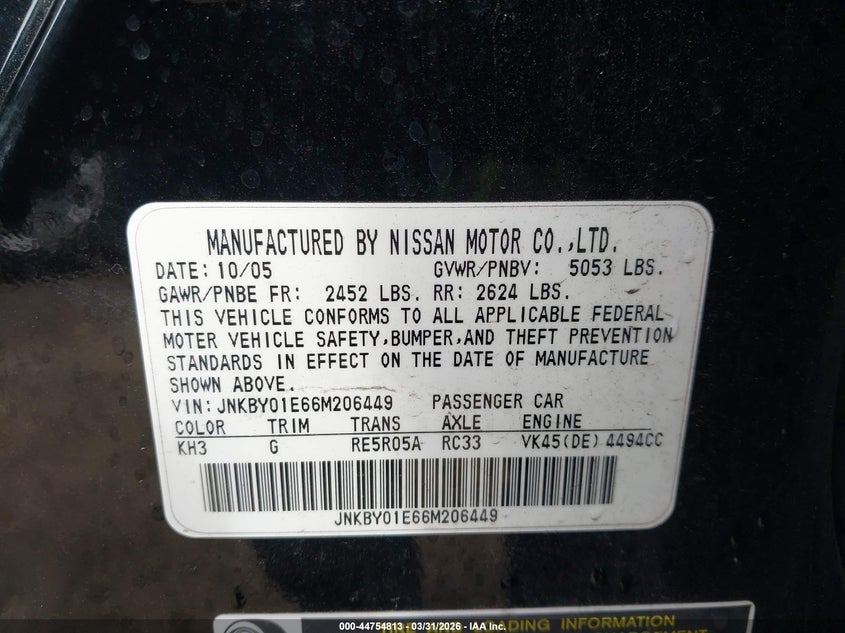2006 Infiniti M45 Sport VIN: JNKBY01E66M206449 Lot: 44754813