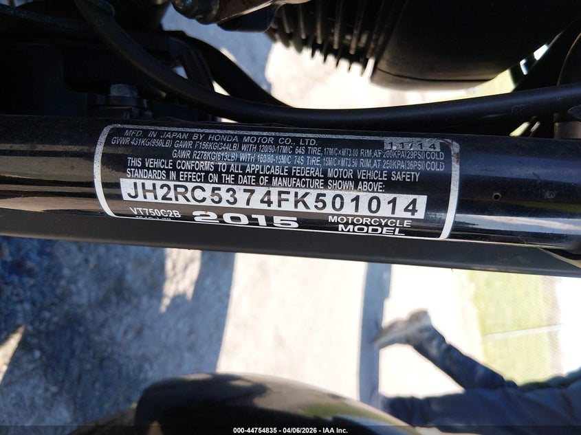 2015 Honda Vt750 C2B VIN: JH2RC5374FK501014 Lot: 44754835
