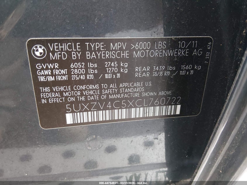 2012 BMW X5 3.0 xDrive35I/xDrive35I Premium/xDrive35I Sport Activity grey Lot 111044754931 Vin 5UXZV4C5XCL760722