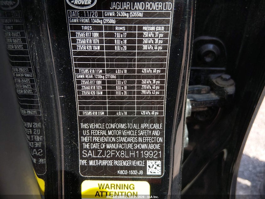 2020 Land Rover Range Rover Evoque S VIN: SALZJ2FX8LH119921 Lot: 44754982