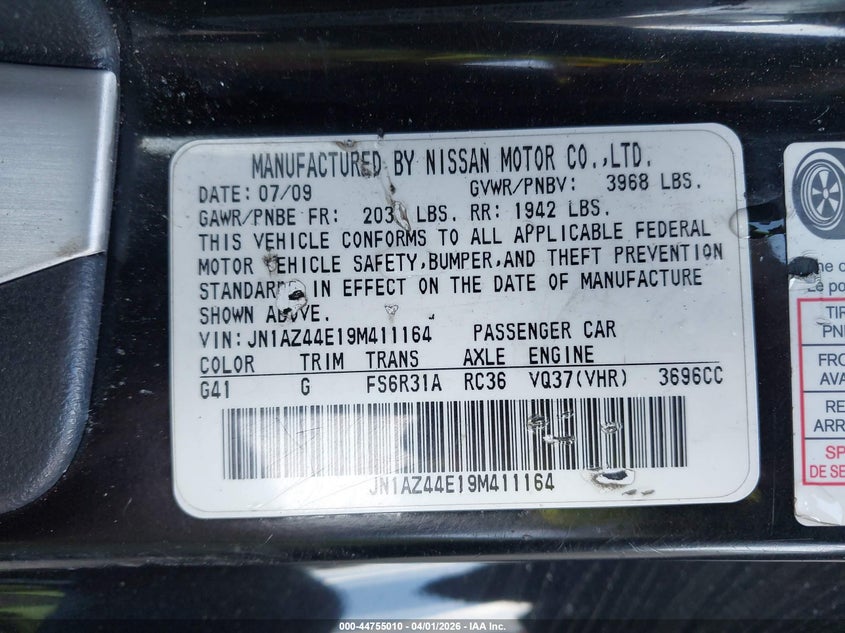 2009 Nissan 370Z VIN: JN1AZ44E19M411164 Lot: 44755010