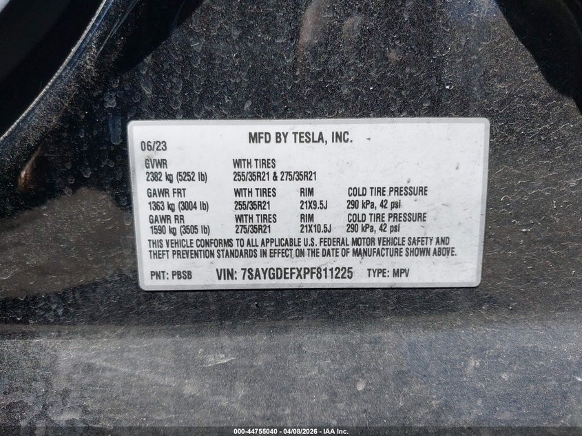 2023 TESLA MODEL Y ELECTRIC(VIN: 7SAYGDEFXPF811225