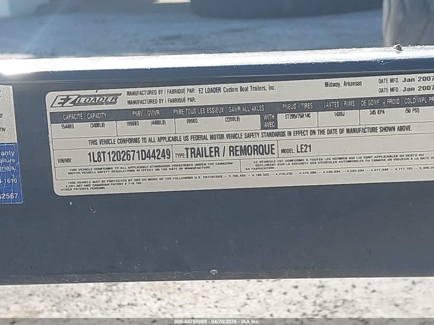 2007 OTHER EZ LOADER BOAT TRAILER N/A N/A