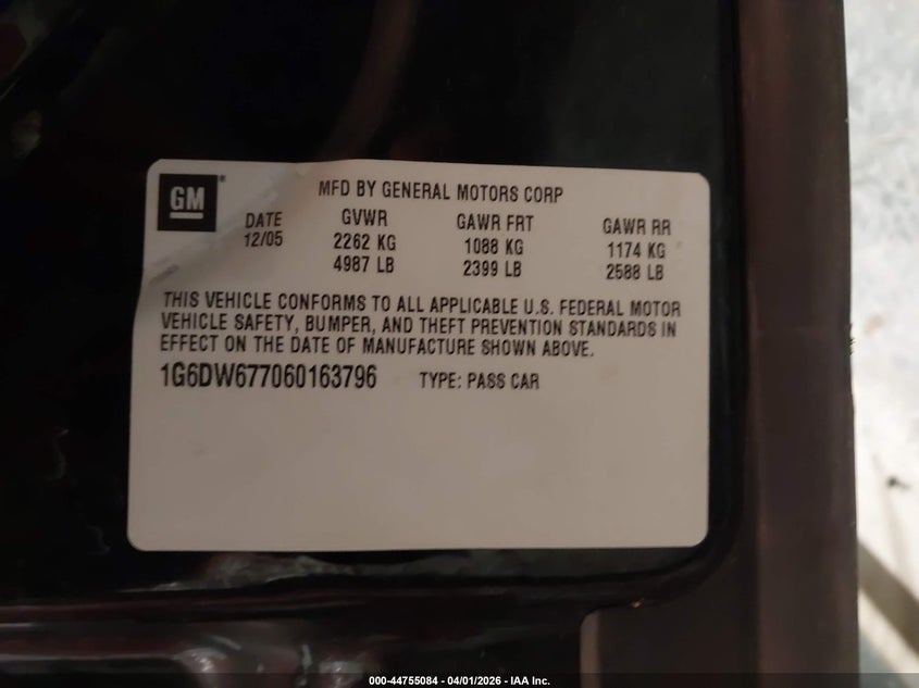 2006 Cadillac Sts V6 VIN: 1G6DW677060163796 Lot: 44755084