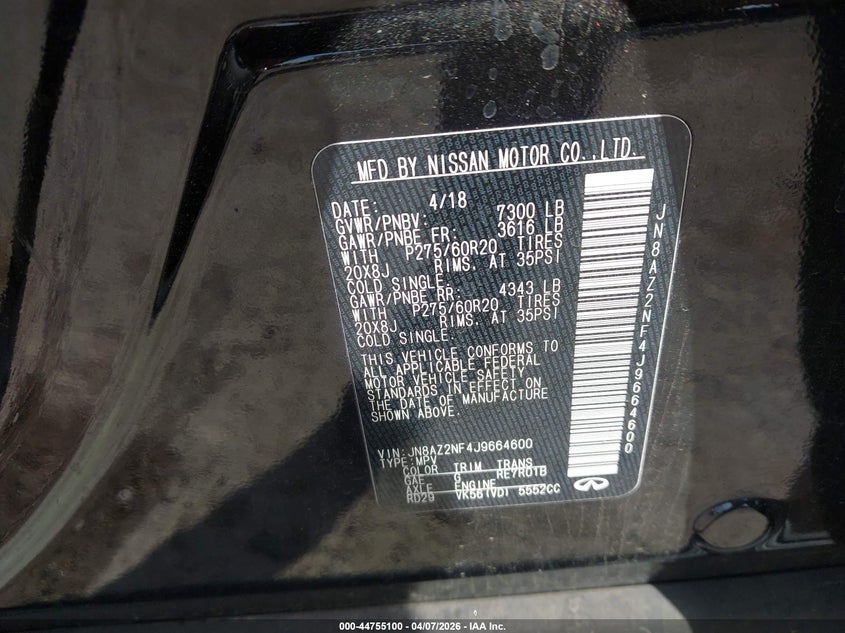 2018 Infiniti Qx80 VIN: JN8AZ2NF4J9664600 Lot: 44755100