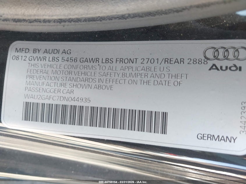 2013 Audi A7 3.0T Premium VIN: WAU2GAFC7DN044935 Lot: 44755154
