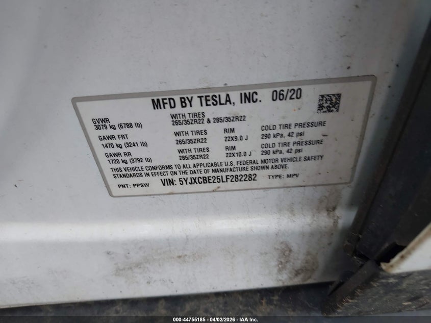 2020 Tesla Model X Long Range Dual Motor All-Wheel Drive/Long Range Plus Dual Motor All-Wheel Drive VIN: 5YJXCBE25LF282282 Lot: 44755185