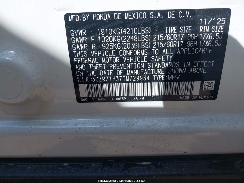 VIN 3CZRZ1H37TM729934 2026 HONDA HR-V 2WD LX