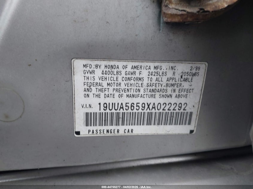 1999 Acura Tl 3.2 VIN: 19UUA5659XA022292 Lot: 44755277
