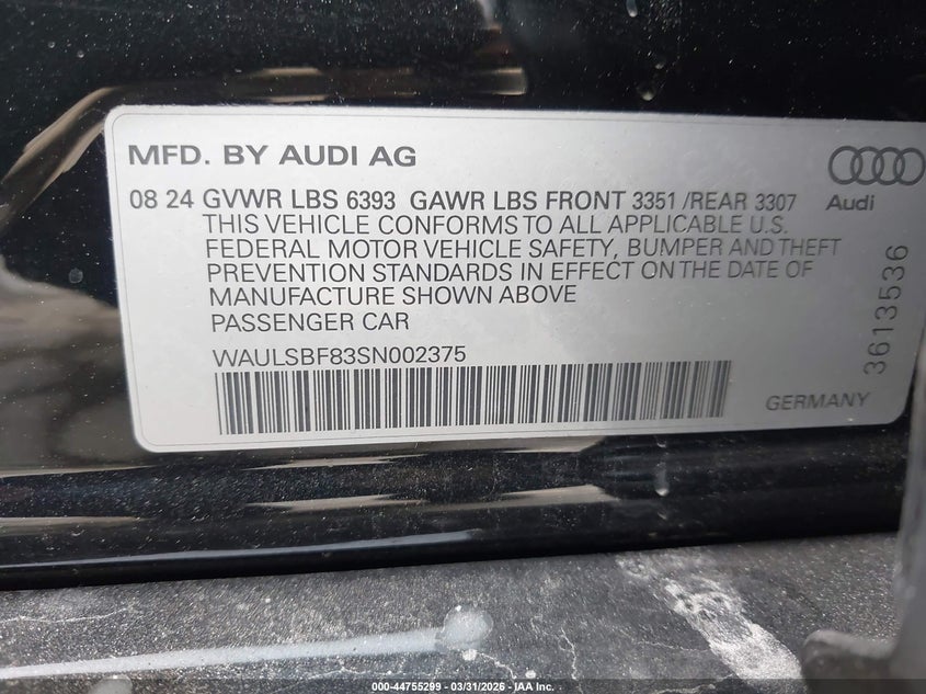 2025 Audi S8 Tfsi Quattro Tiptronic VIN: WAULSBF83SN002375 Lot: 44755299