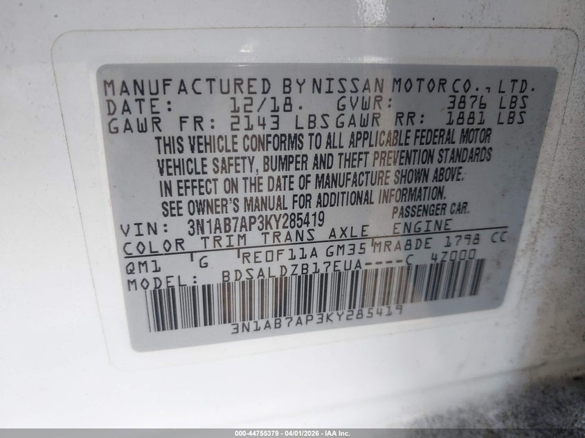 VIN 3N1AB7AP3KY285419 2019 NISSAN SENTRA SV