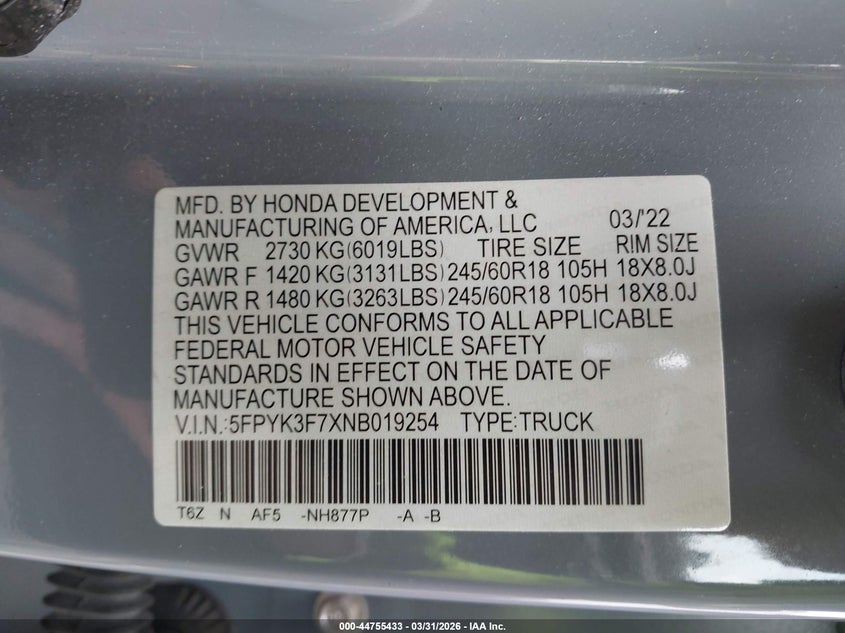 2022 Honda Ridgeline Rtl-E VIN: 5FPYK3F7XNB019254 Lot: 44755433