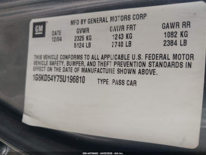 2005 Cadillac Deville Livery VIN: 1G6KD54Y75U196810 Lot: 44755482