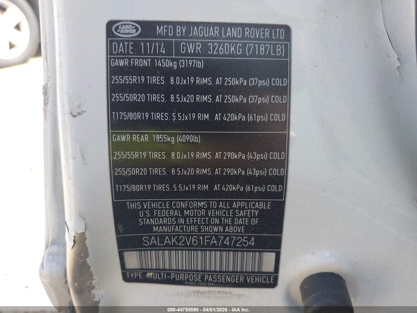 2015 Land Rover Lr4 VIN: SALAK2V61FA747254 Lot: 44755590