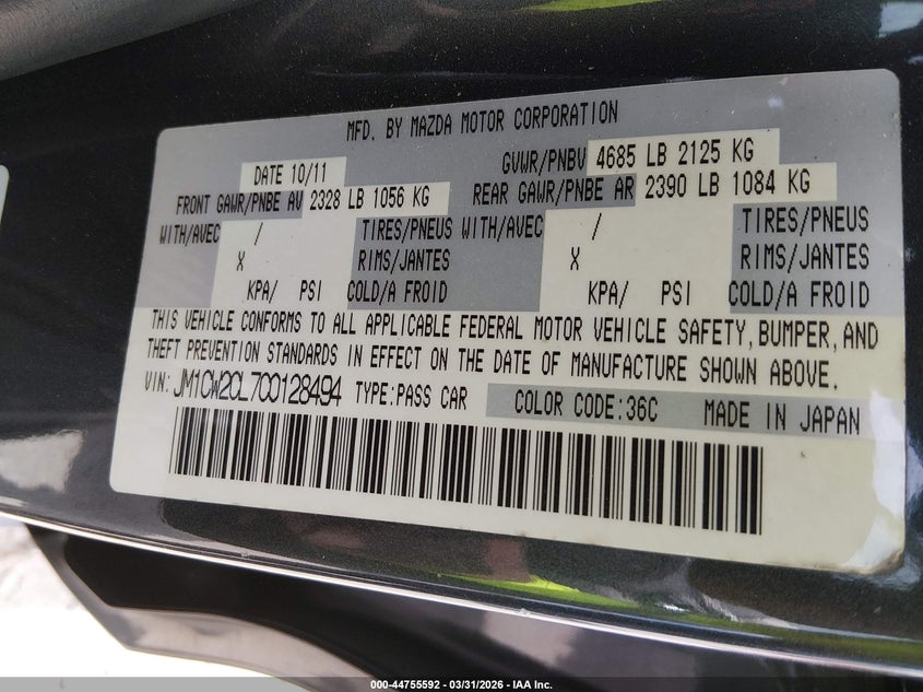 2012 Mazda 5 2.5 Touring blue Lot 111044755592 Vin JM1CW2CL7C0128494