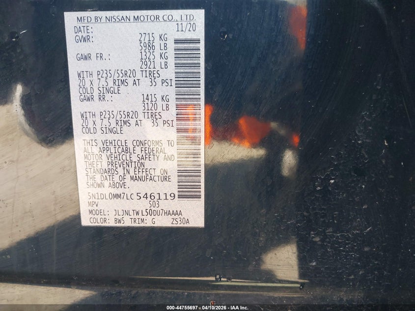 2020 Infiniti Qx60 Signature Edition Awd VIN: 5N1DL0MM7LC546119 Lot: 44755697