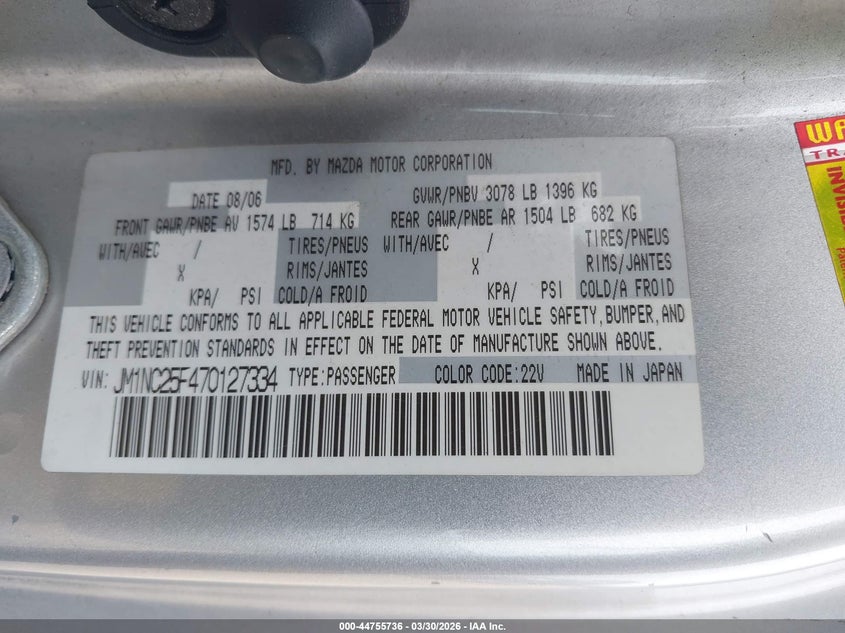 2007 Mazda Mx-5 Sport VIN: JM1NC25F470127334 Lot: 44755736