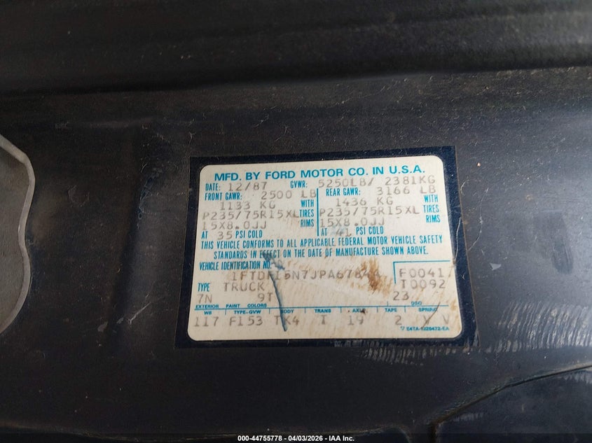 1988 Ford F150 VIN: 1FTDF15N7JPA67844 Lot: 44755778