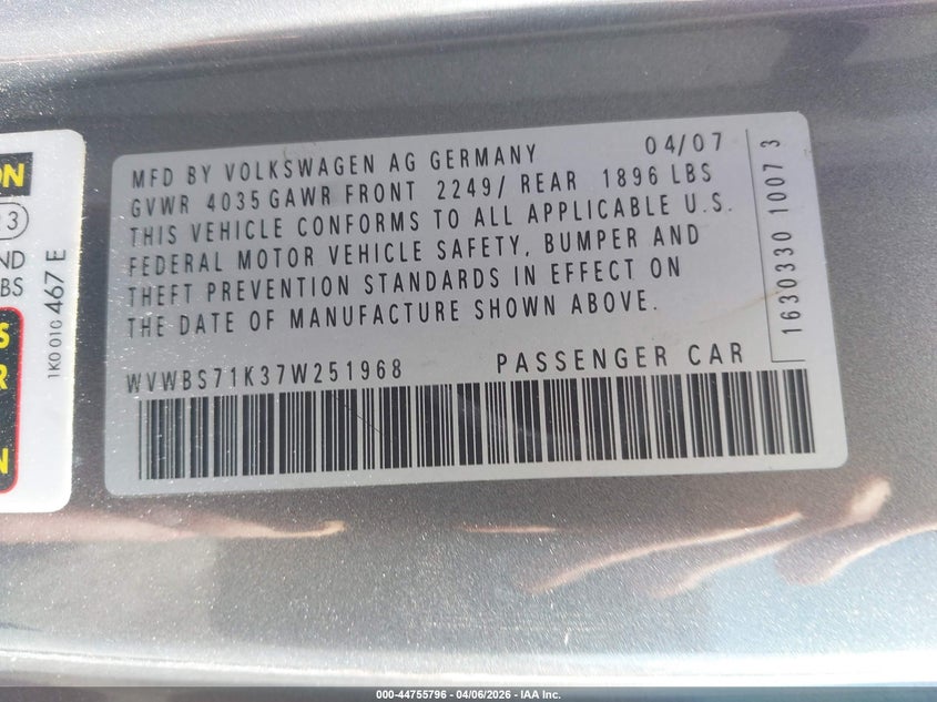2007 Volkswagen Rabbit 2-Door VIN: WVWBS71K37W251968 Lot: 44755796