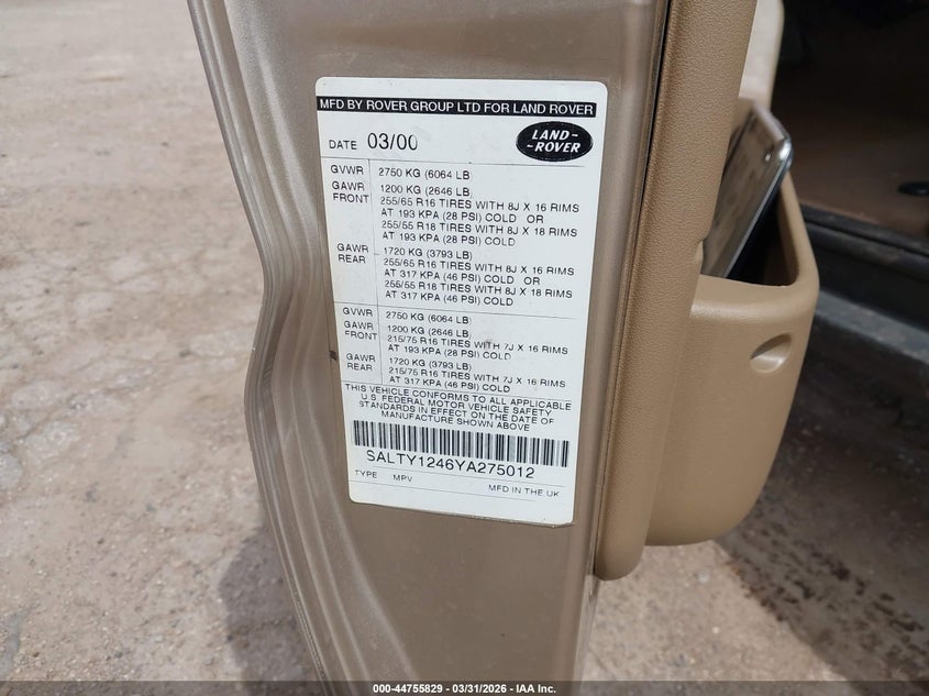 2000 Land Rover Discovery Series Ii Cloth/Series Ii Leather VIN: SALTY1246YA275012 Lot: 44755829