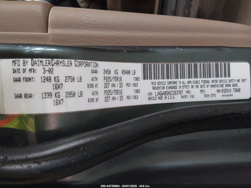 2002 Jeep Grand Cherokee Laredo VIN: 1J4GW48S02C263787 Lot: 44755864