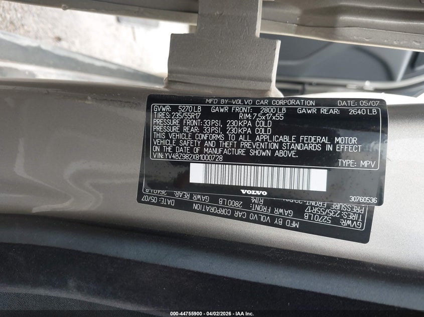 2008 Volvo Xc70 3.2 VIN: YV4BZ982X81000728 Lot: 44755900