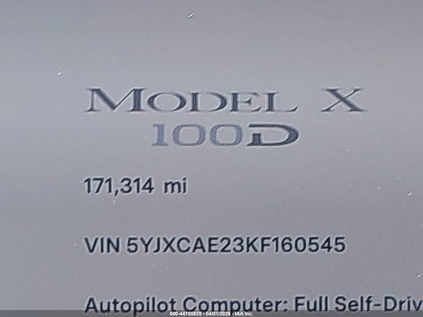 2019 Tesla Model X 100D/75D/Long Range VIN: 5YJXCAE23KF160545 Lot: 44755928
