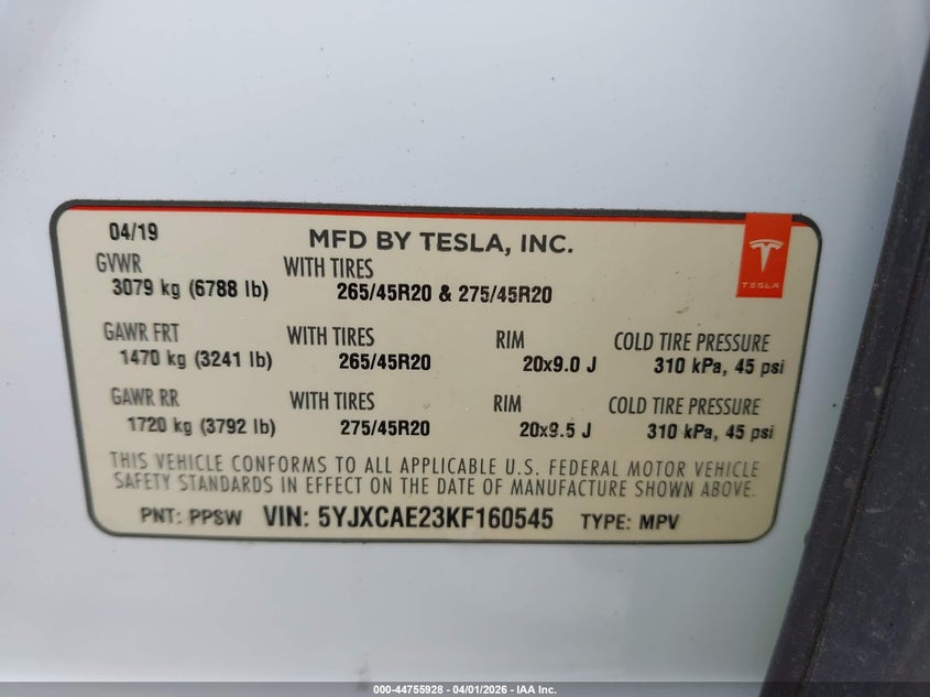 2019 Tesla Model X 100D/75D/Long Range VIN: 5YJXCAE23KF160545 Lot: 44755928