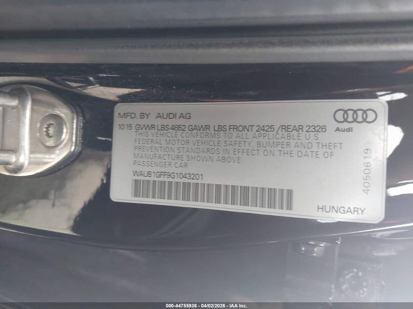 2016 Audi S3 2.0T Premium Plus VIN: WAUB1GFF9G1043201 Lot: 44755936