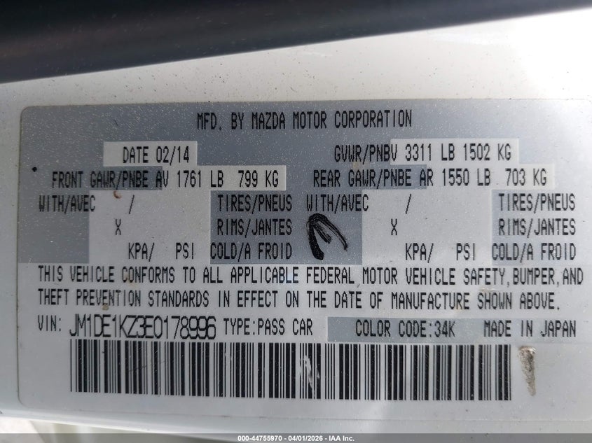 2014 Mazda Mazda2 Sport VIN: JM1DE1KZ3E0178996 Lot: 44755970