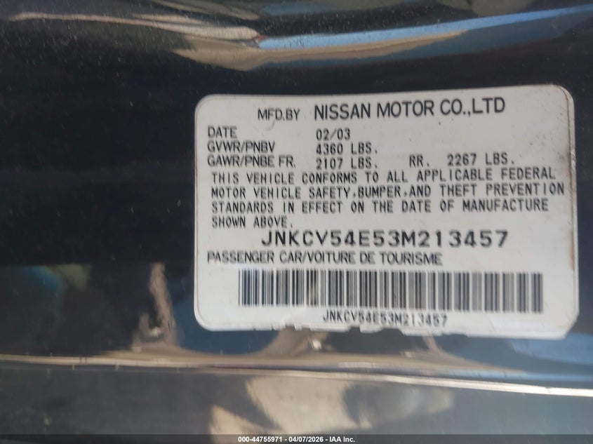 2003 Infiniti G35 Base W/Leather VIN: JNKCV54E53M213457 Lot: 44755971