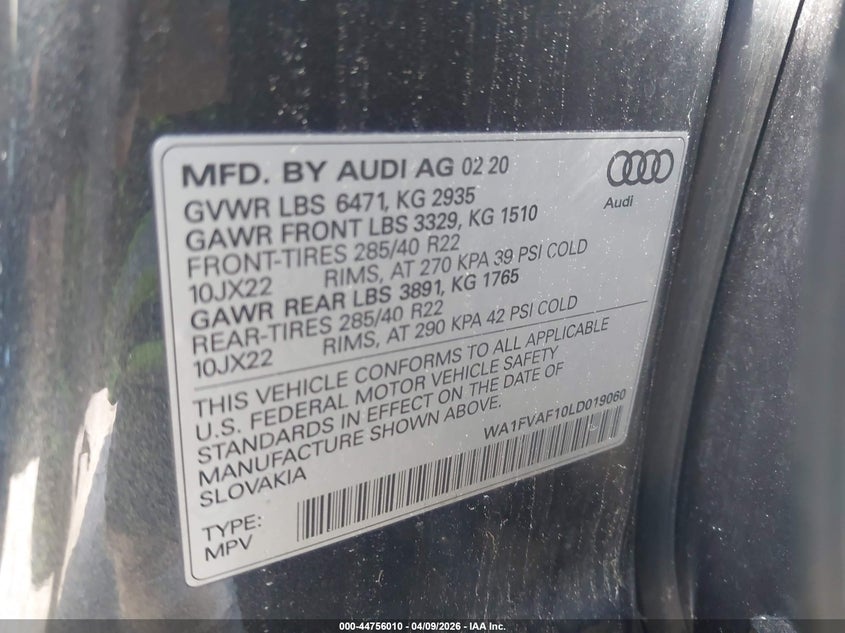 2020 Audi Q8 Prestige 55 Tfsi Quattro Tiptronic VIN: WA1FVAF10LD019060 Lot: 44756010