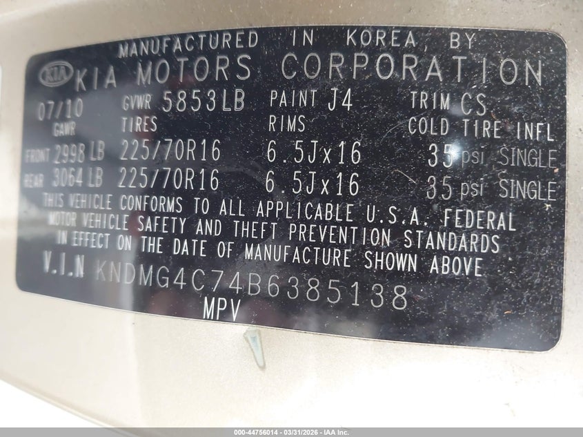 2011 Kia Sedona Lx VIN: KNDMG4C74B6385138 Lot: 44756014