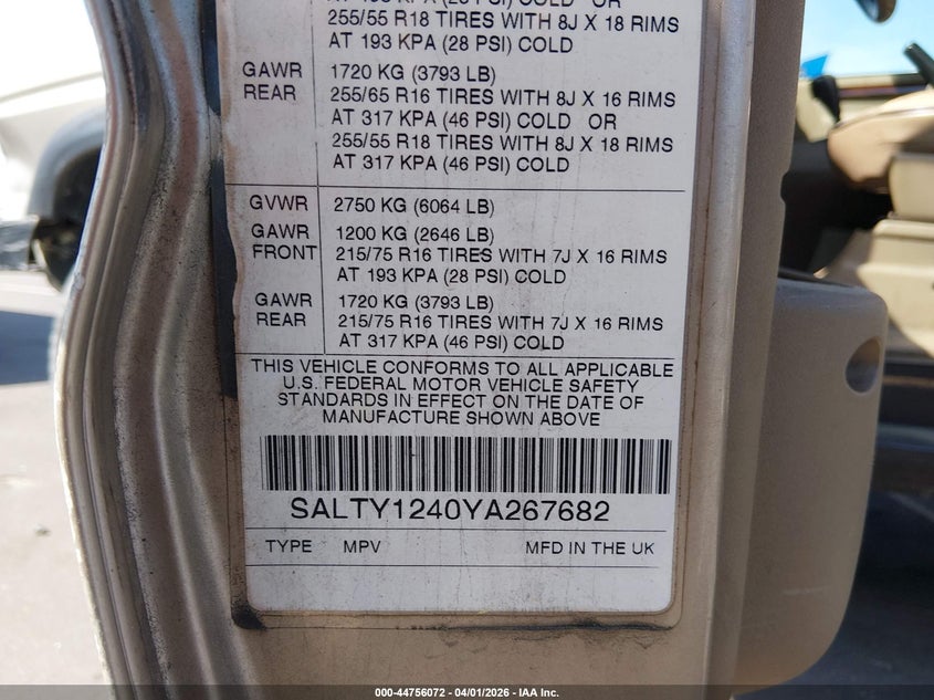 2000 Land Rover Discovery Series Ii Cloth/Series Ii Leather VIN: SALTY1240YA267682 Lot: 44756072