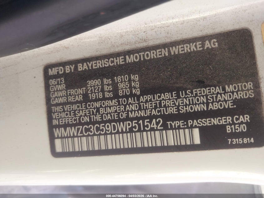 2013 Mini Countryman Cooper S VIN: WMWZC3C59DWP51542 Lot: 44756094