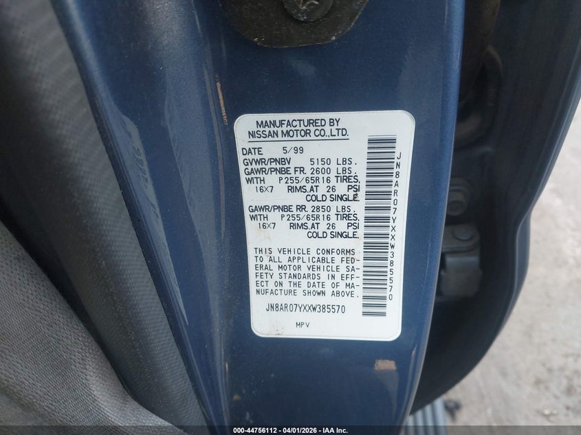 1999 Nissan Pathfinder Le/Se/Xe VIN: JN8AR07YXXW385570 Lot: 44756112