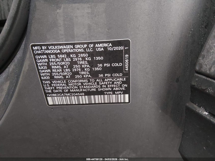 2021 Volkswagen Atlas Cross Sport 3.6L V6 Sel VIN: 1V2BE2CA7MC204548 Lot: 44756128