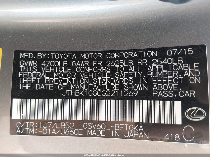 2016 Lexus Es 350 VIN: JTHBK1GG0G2211269 Lot: 44756145