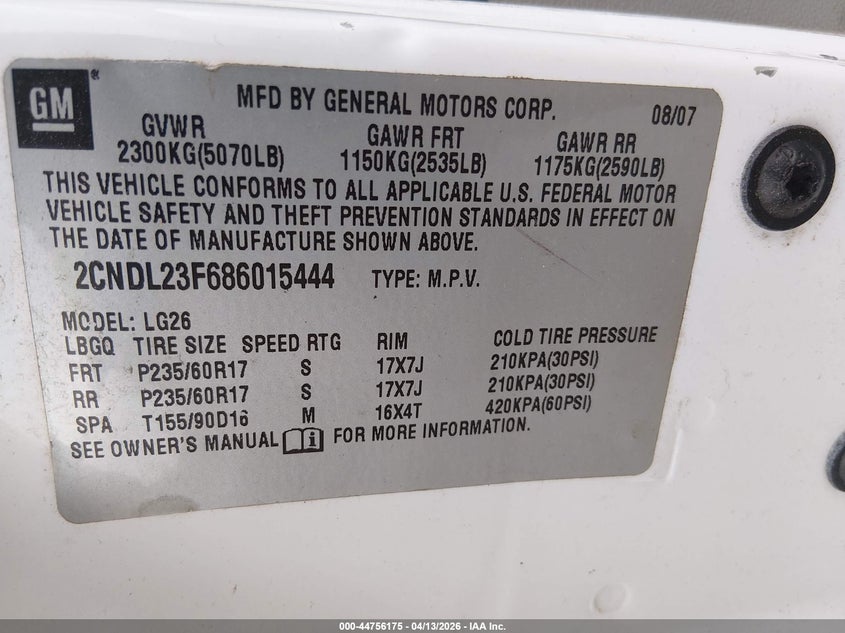 2008 Chevrolet Equinox Ls VIN: 2CNDL23F686015444 Lot: 44756175