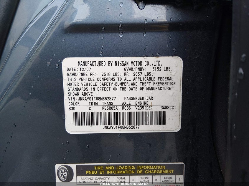 2008 Infiniti M35X VIN: JNKAY01F08M652877 Lot: 44756220