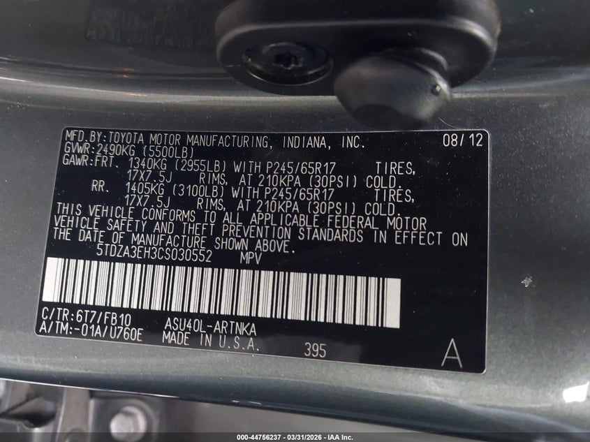 2012 Toyota Highlander 2.7 green Lot 111044756237 Vin 5TDZA3EH3CS030552